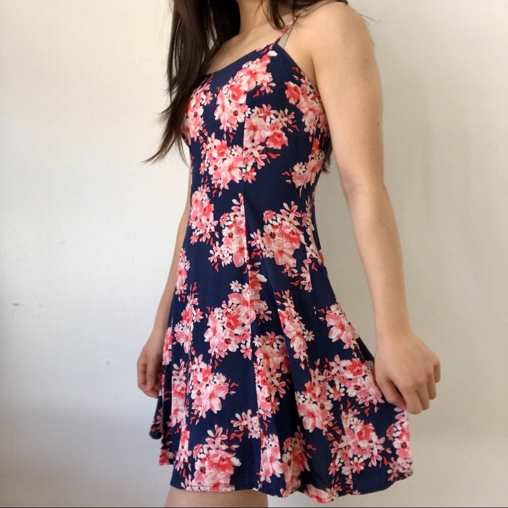 F21 Navy and Pink Floral Skater Dress